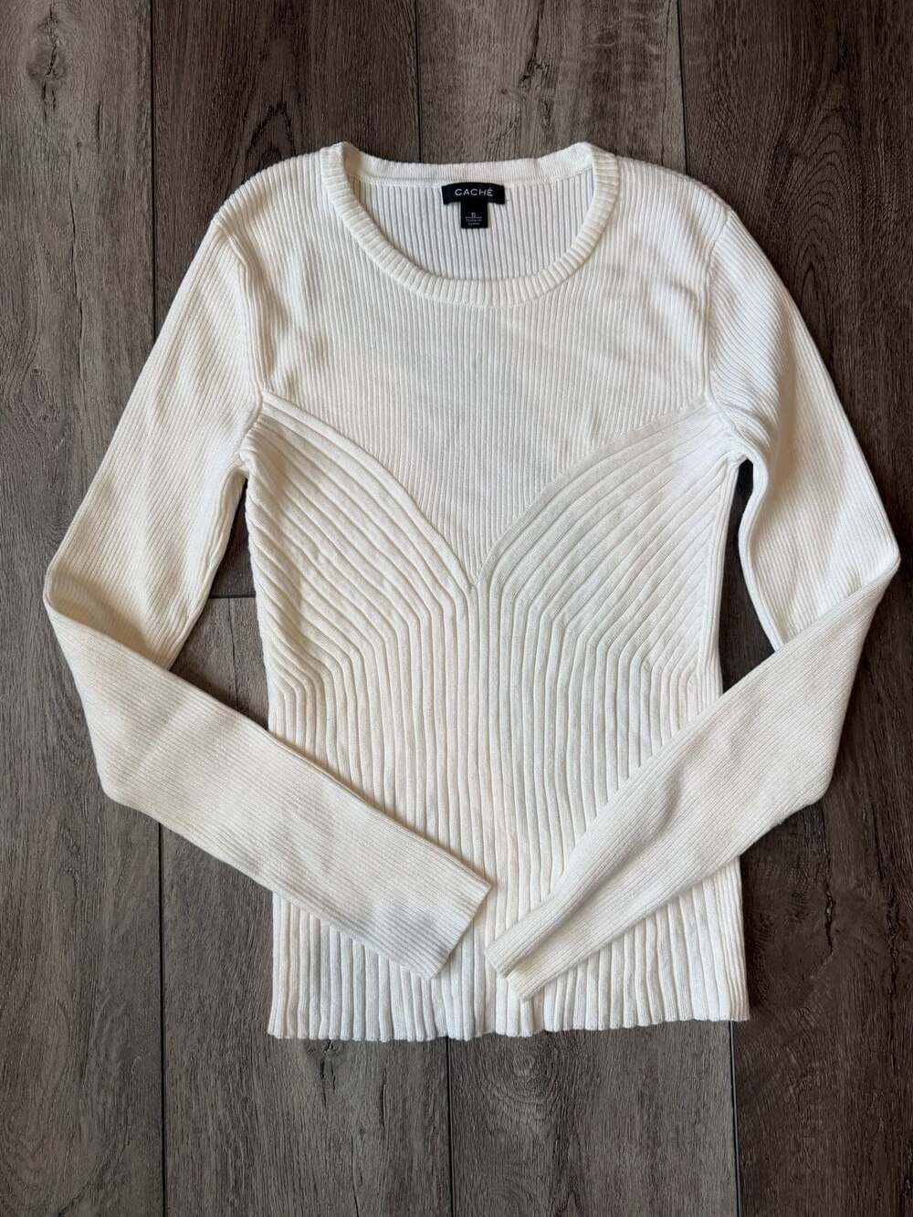 Cache Ribbed Long Sleeve Sweater White Size S